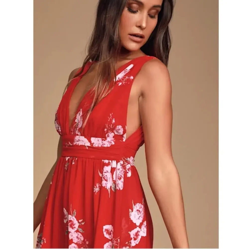 Lulus Milana Red Floral Mini Dress Sz S Ruched Plunge Neckline Flirty Party - Picture 5 of 16